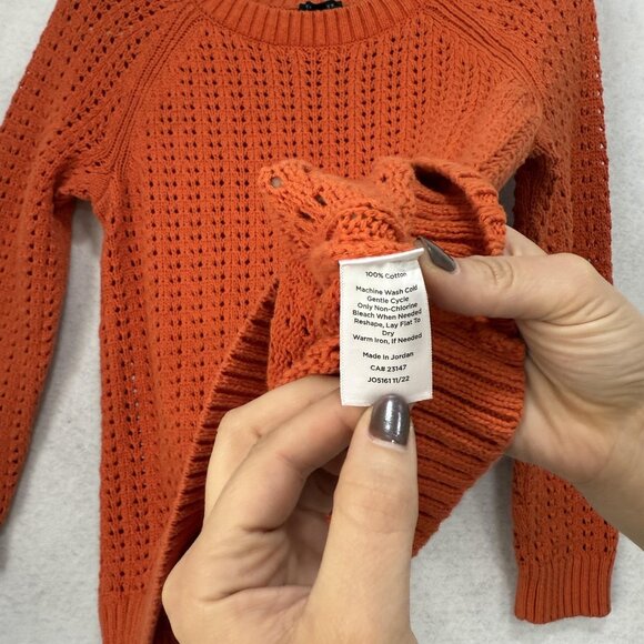 Talbots Sweater Womens Medium Orange Cotton Pointelle Open Knit Raglan Crewneck - Picture 5 of 8